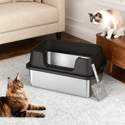Stainless Steel Cat Litter Box with Scoop – High-Wall Semi-Enclosed Design, Non-Stick Easy Clean Surface, Anti-Leakage Odor Control