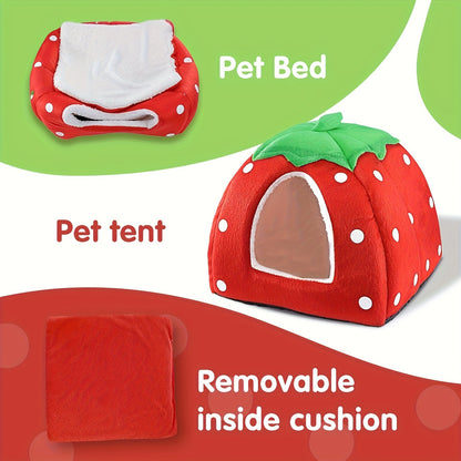 Small Animal Hideaway Bed 2pcs – Strawberry Plush Hideout for Guinea Pigs, Hamsters & Rabbits, Semi-Enclosed Warm Nest with Leaf Design