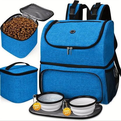 Pet Travel Backpack Double Layer Dog Cat Supplies Bag with 2 Collapsible Bowls 2 Food Baskets Portable Organizer for Outdoor Hiking Camping