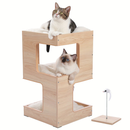 Cat Tree Small Modern 23.6" Wood Cat Tower Furniture with Scratching Pad Removable Soft Mats & Free Cat Toy for Indoor Kittens