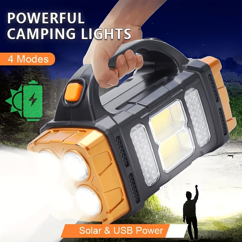 Solar Camping Lantern and Flashlight with COB Side Panels, Front Spotlights, Carry Handle and USB Port