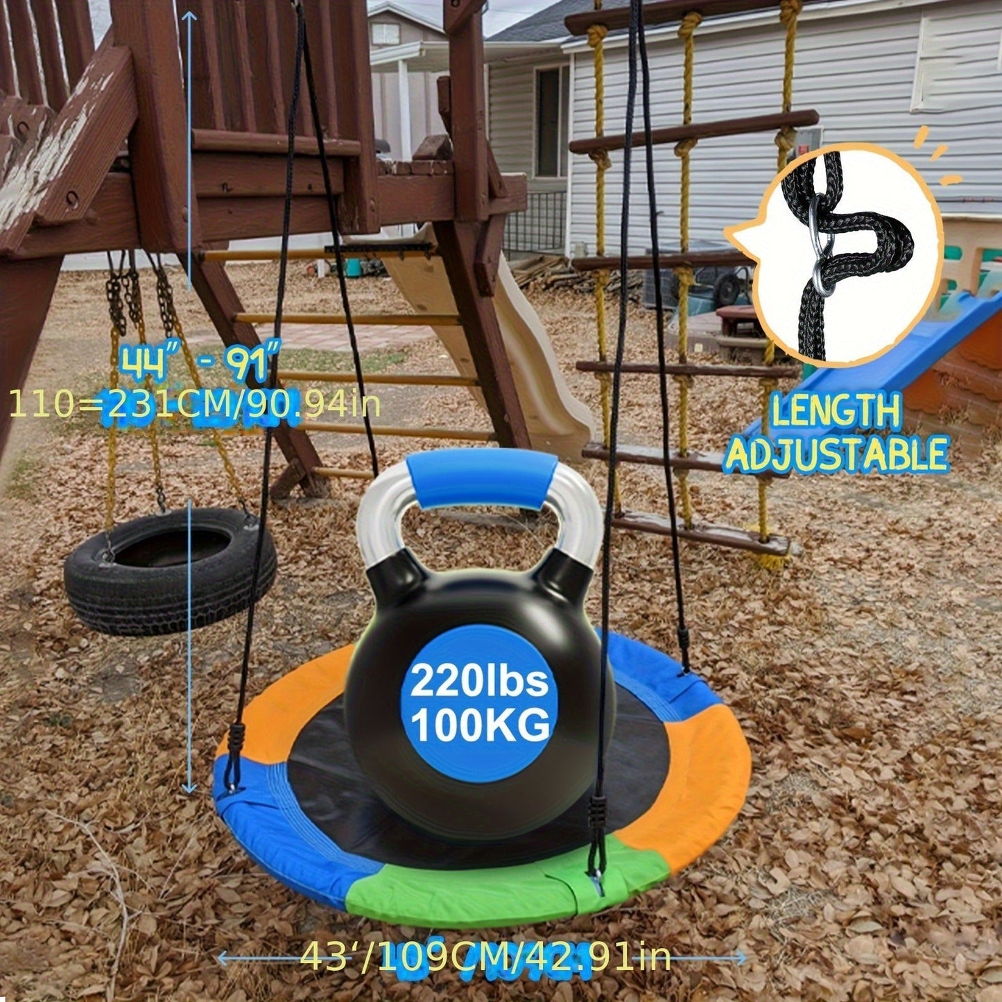 Saucer Tree Swing 43 Inch 360 Degree Rotating Flying Saucer Swing with Swivel Hanging Straps Adjustable Ropes Round Spinner Swing for Tree