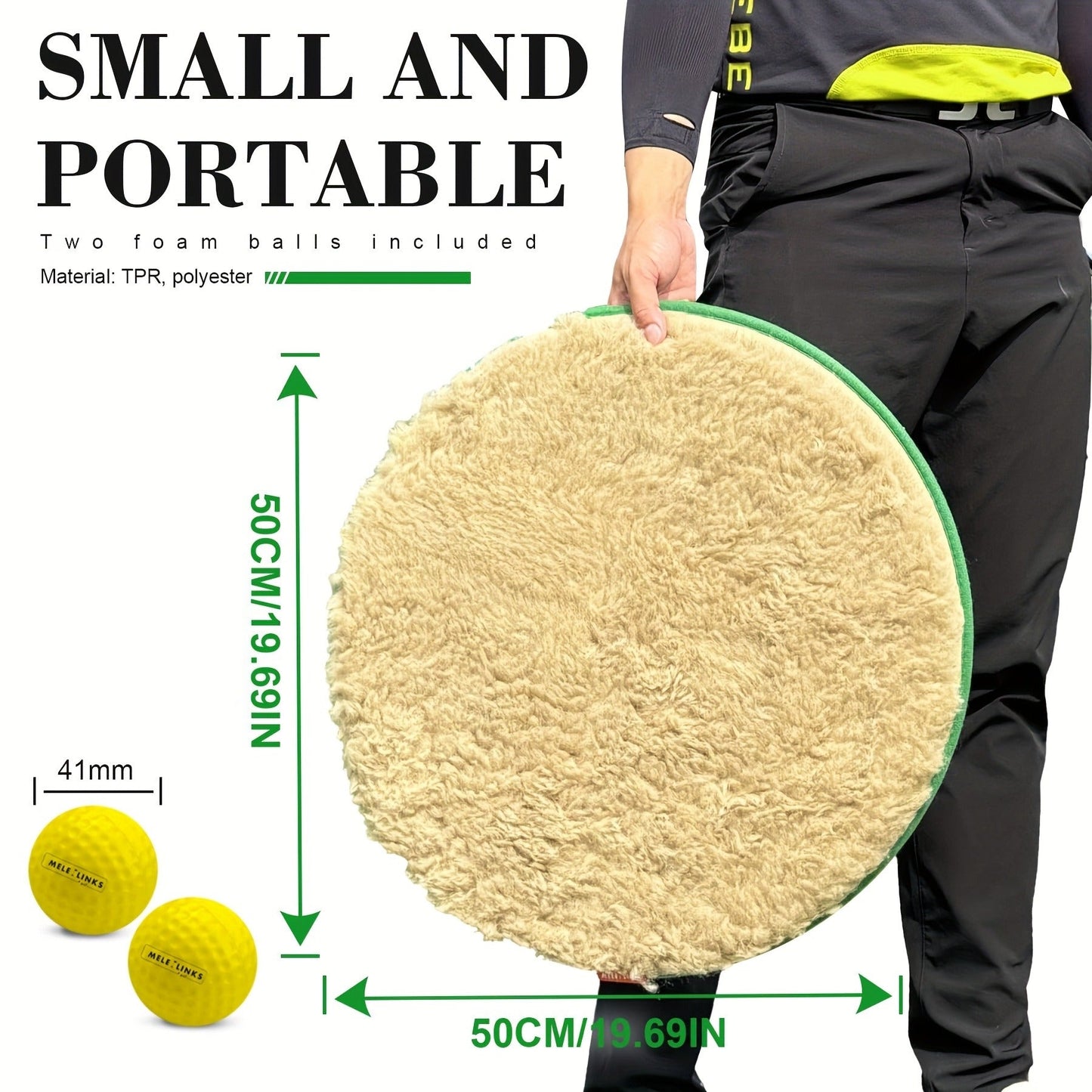 Round Golf Bunker Practice Mat with 19.69-Inch Diameter, Two Yellow Practice Balls and Green Border
