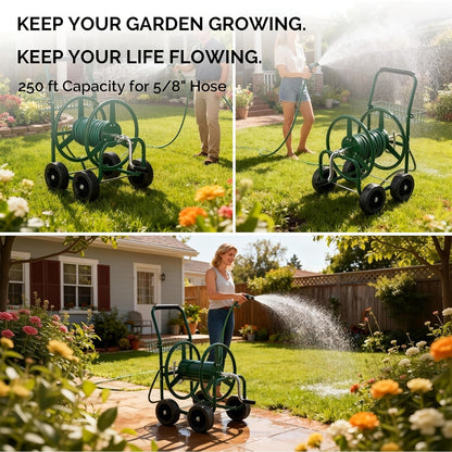 Garden Hose Reel Cart | 250ft Capacity, Heavy-Duty Steel, 4 Wheels & Storage Basket