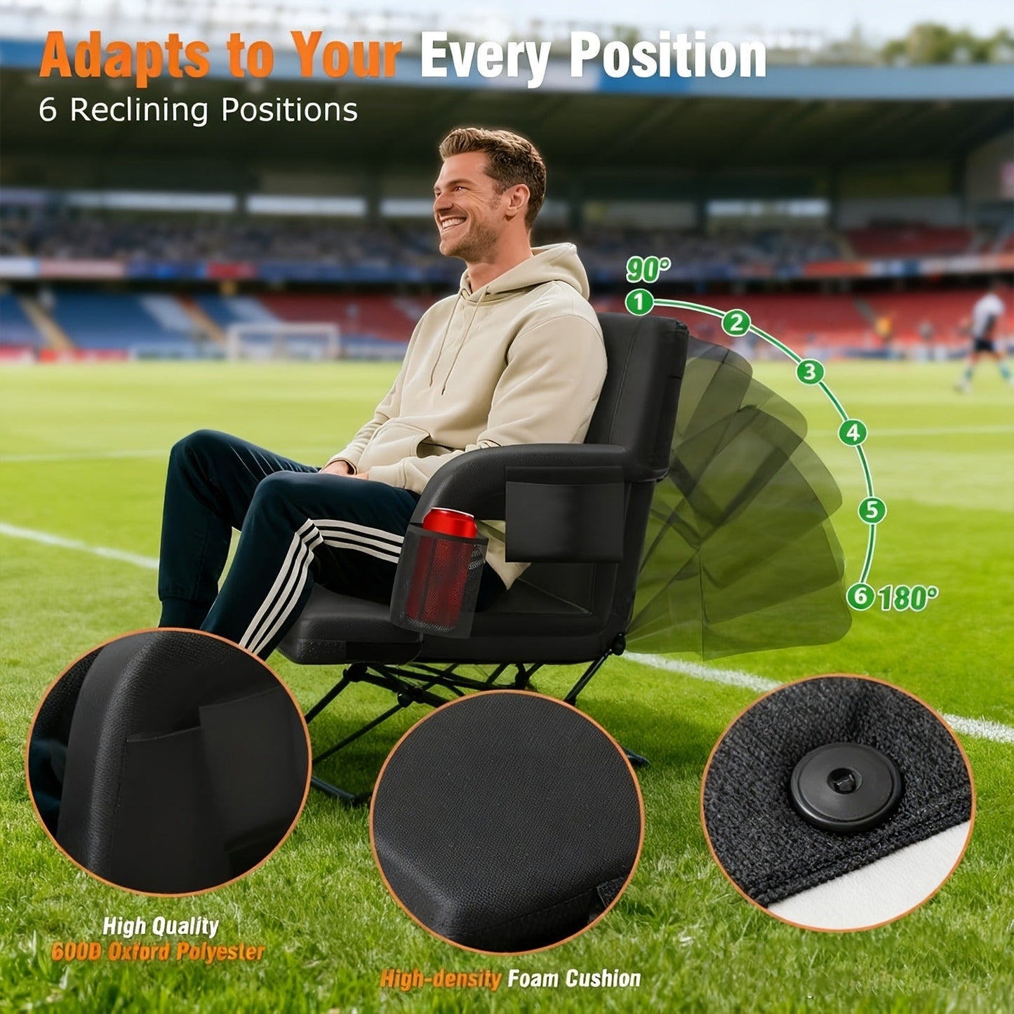 Heated Stadium Seat with Back Support for Bleachers 6 Reclining Positions 3 Heat Levels Dual-Zone USB Heated Bleacher Chair with 5 Storage
