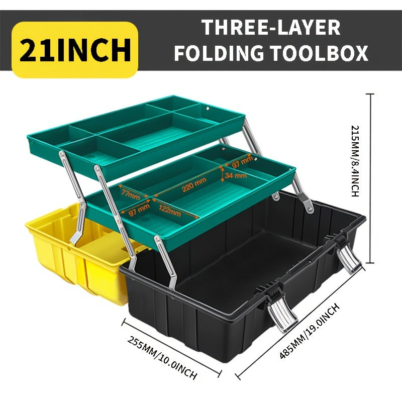 Portable Toolbox Organizer with Tray & Dividers – 17/21 Inch Heavy-Duty 3-Layer Folding Tool Storage Box for Home, Garage & Workshop