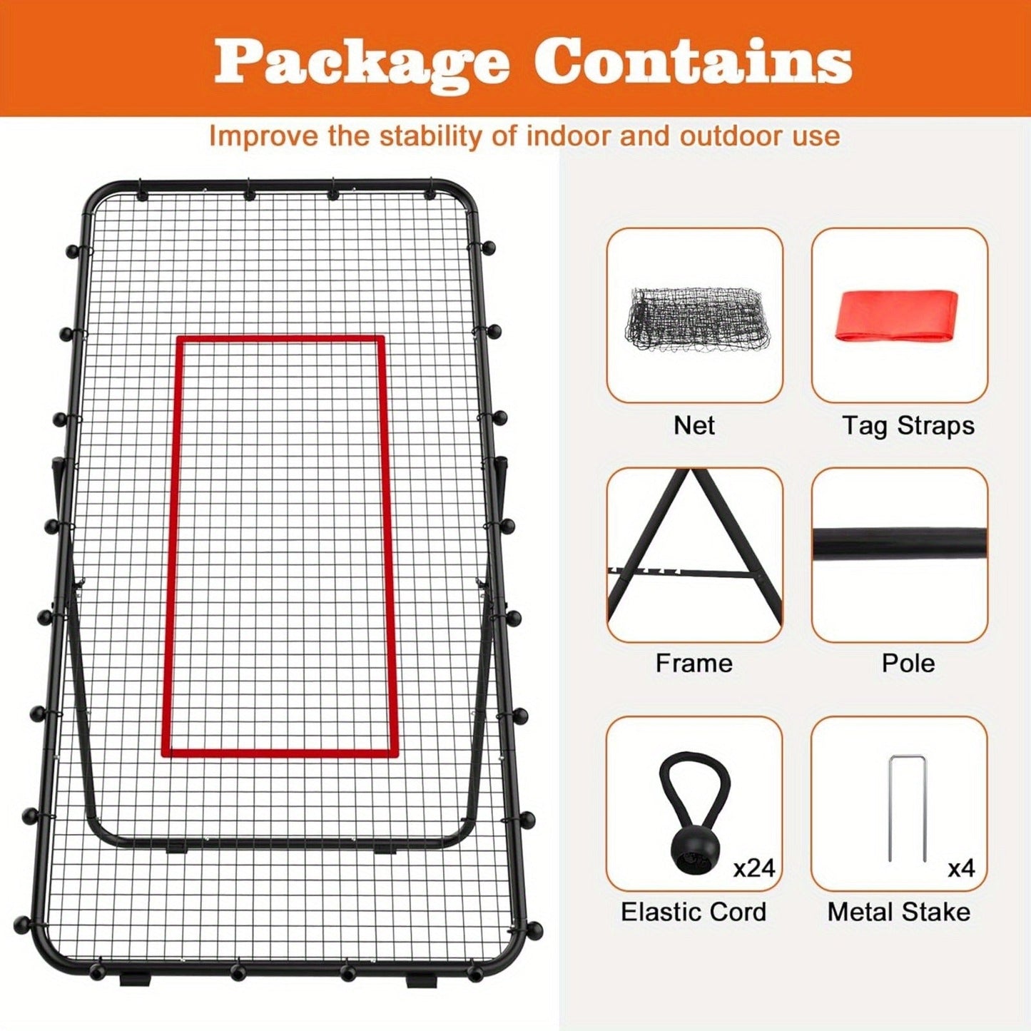 Volleyball Rebounder Net 7x4ft Adjustable Angle – Portable Steel Frame Training Rebounder with High-Tension PE Netting & 24 Elastic Cords