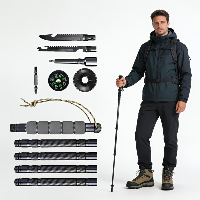 Adjustable Trekking Pole Titanium Alloy Hiking Stick with Built-in Compass Combination Lock Canvas Storage Bag Lightweight Telescopic