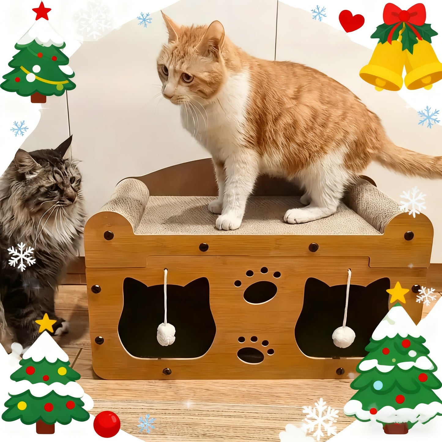 Large Cat House with Scratcher Pad & Plush Ball Toys, Ventilated Multi-Functional Indoor Outdoor Cat Shelter