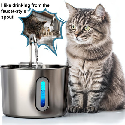 2.2L Pet Water Fountain with Stainless-Steel-Marked Basin, Water Window and 2+2 or 8+8 Filter Bundles
