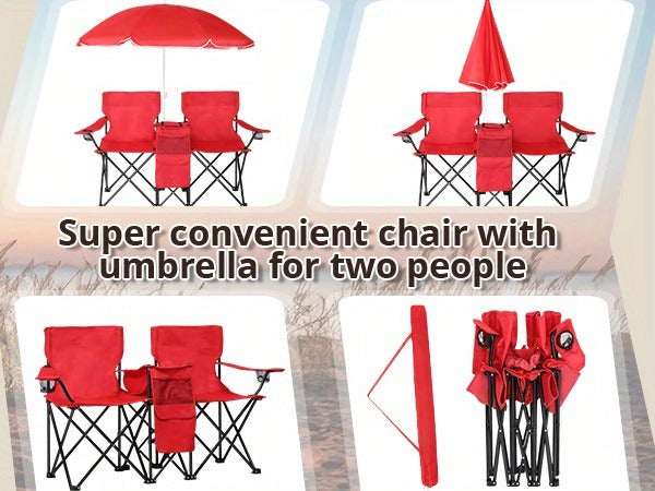 Folding Fishing Chair with Sun Umbrella – 2-Seat Portable Outdoor Chair, Iron Alloy Frame & Oxford Fabric, Built-In Storage Bag & Carry Bag