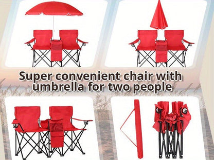 Folding Fishing Chair with Sun Umbrella – 2-Seat Portable Outdoor Chair, Iron Alloy Frame & Oxford Fabric, Built-In Storage Bag & Carry Bag