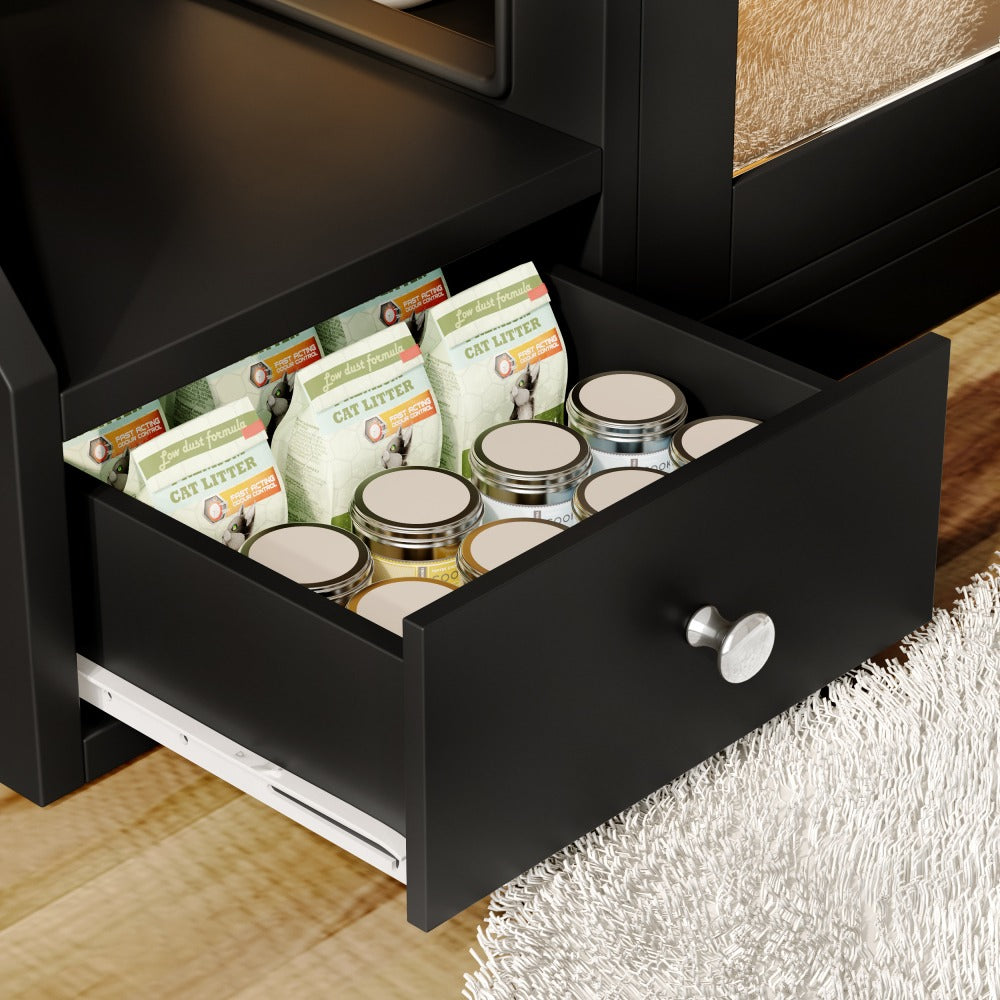 Cat Litter Box Enclosure Furniture Hidden Cabinet with LED Light & 2 Drawers – MDF Indoor Cat House Side Table with Acrylic Door