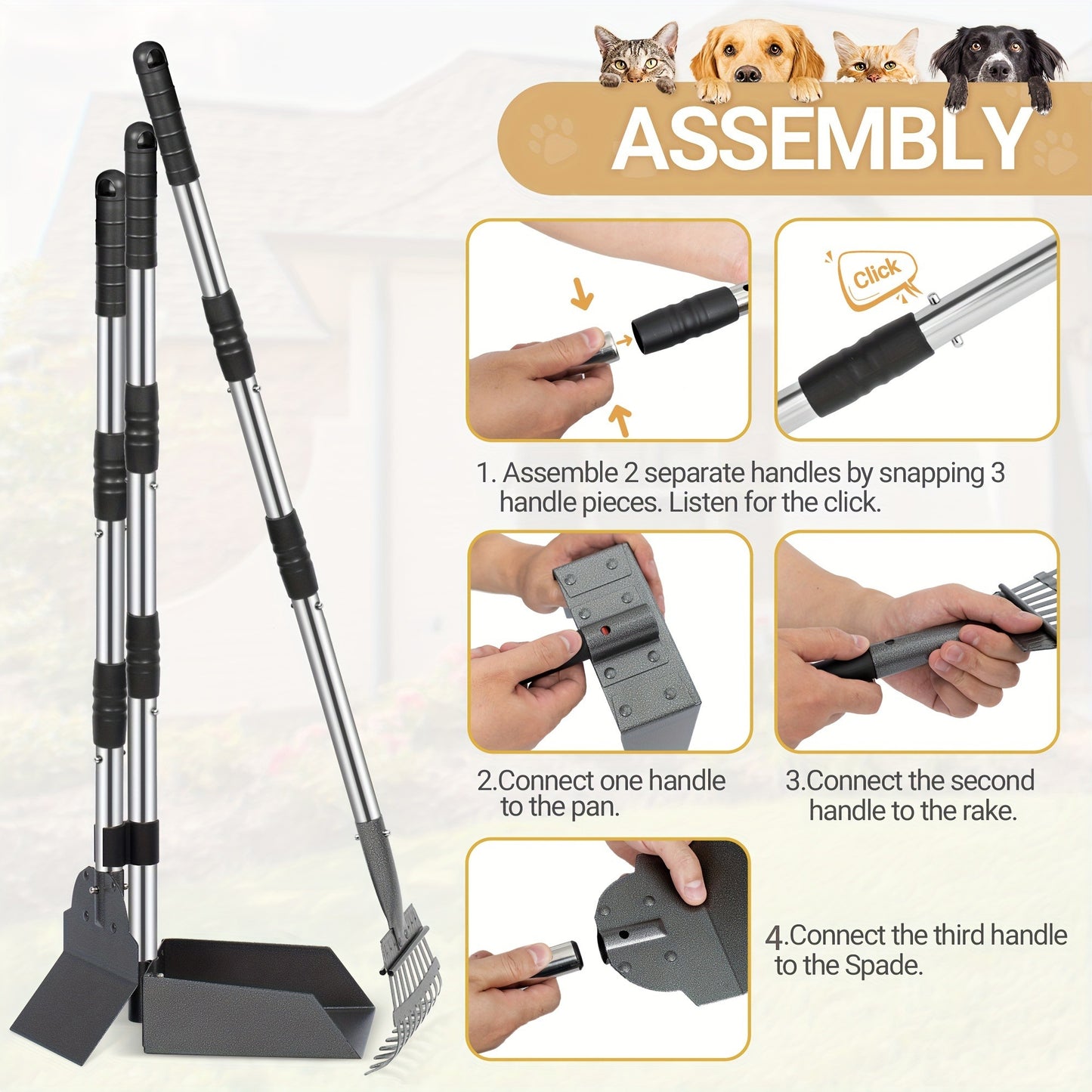 Dog Pooper Scooper Set – Stainless Steel Tray & Rake with Adjustable Long Handle, Rust-Proof Durable Pet Waste Removal Tool, Easy to Clean