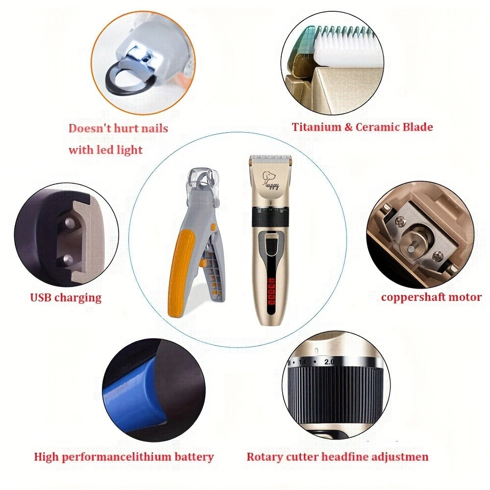 Pet Hair Trimmer Kit 2-in-1 with LED Nail Clipper – 12-in-1 Cordless Quiet Electric Clippers for Dogs & Cats, USB Rechargeable