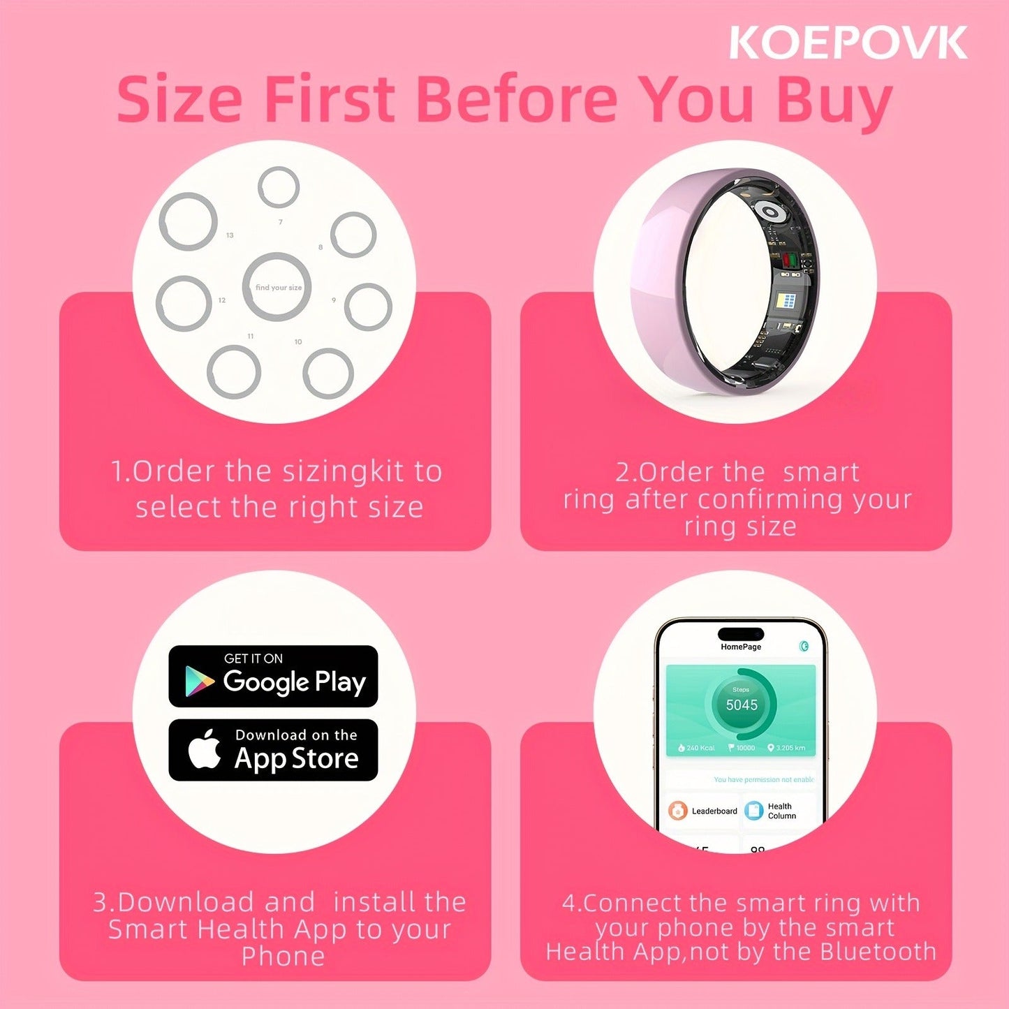 N-Style Smart Ring with Screenless Sensor Design, Charging Case, Black, Pink or White Finish and Sizes 7–13