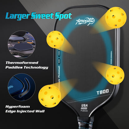 Carbon Fiber Pickleball Paddle T800 Thermoformed – 16mm Double Foam EVA Core, Elongated Racket for Spin, Power & Control