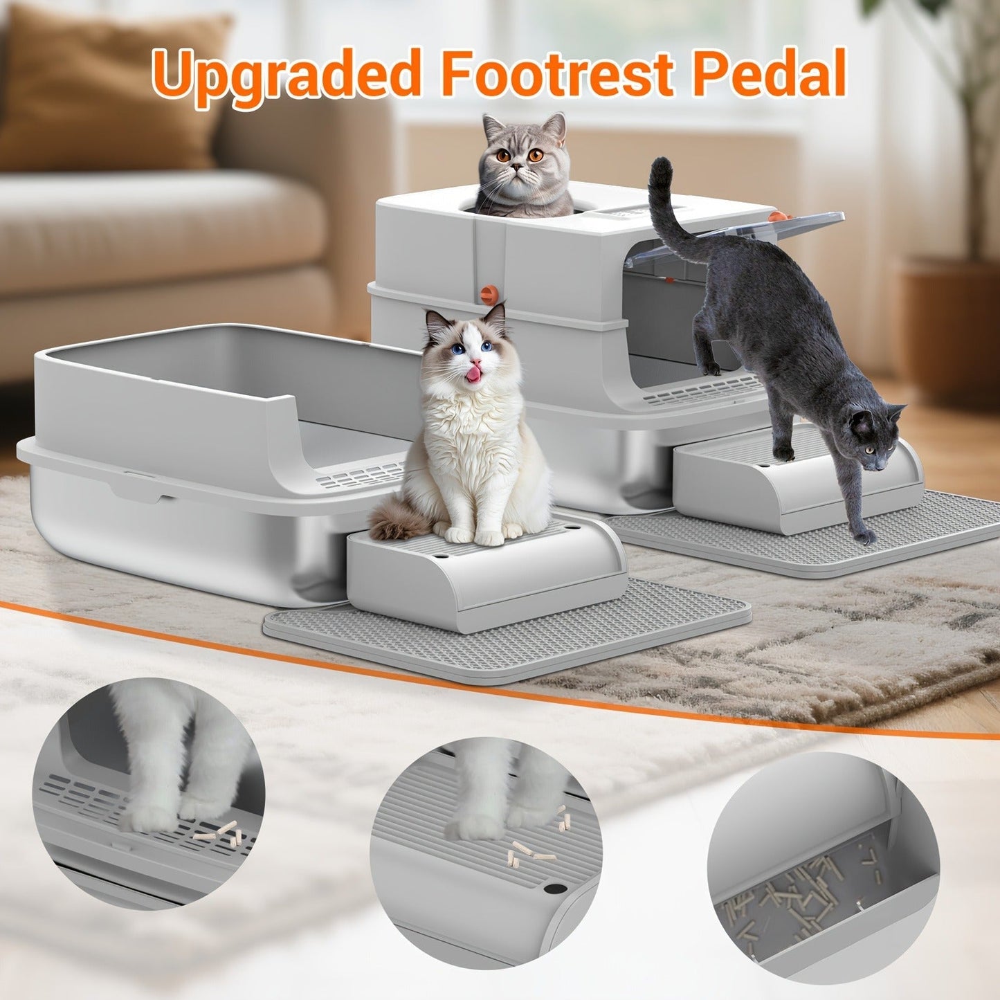 TEKEPL 68L Cat Litter Box with Stainless Steel Basin and Modular Enclosed, Semi-Open or Open Configuration