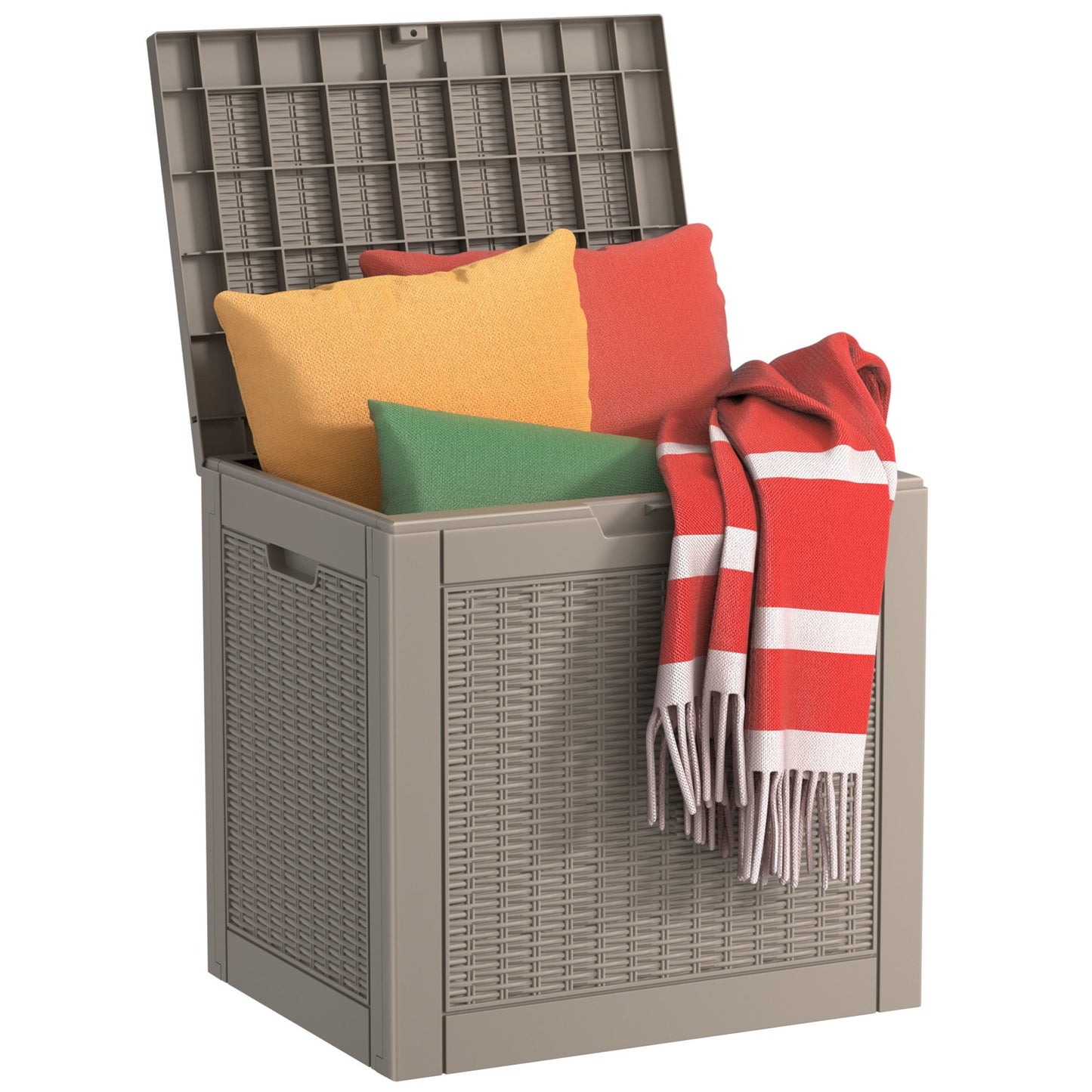 34-Gallon Outdoor Deck Box with Side Handles in 020 Woven or 053 Plank Panel Style, Black or Light Brown
