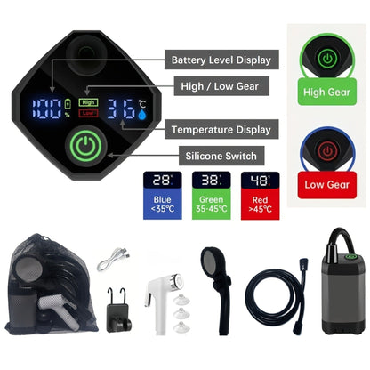 Portable Camping Shower 6000mAh IPX7 120-Min Runtime for Camping, Travel and Outdoor Use, with the Listed Configuration
