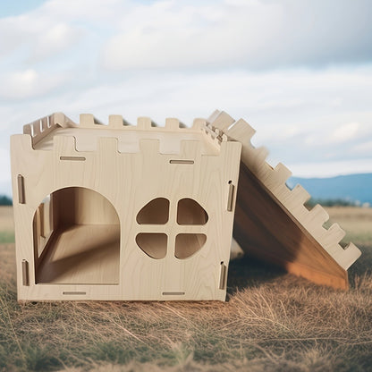 Wooden Rabbit Castle House – Detachable Solid Wood Hideout for Rabbits, Hamsters & Small Pets | Creative Splicing Toy Nest Playhouse
