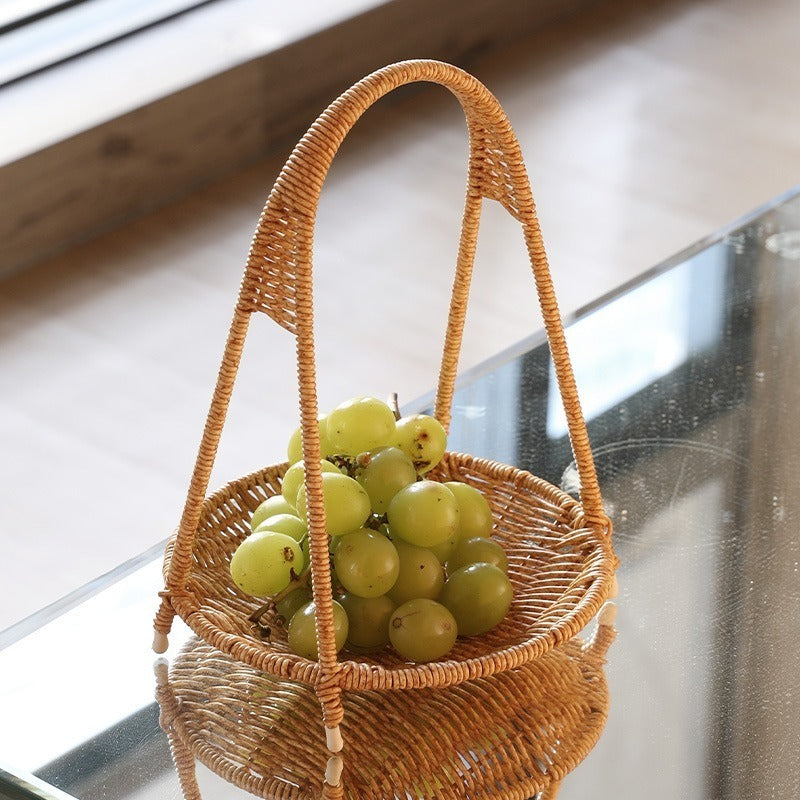 Round Tiered Serving Tray with Woven-Look Frame in Single- or Two-Layer Light Coffee Configurations