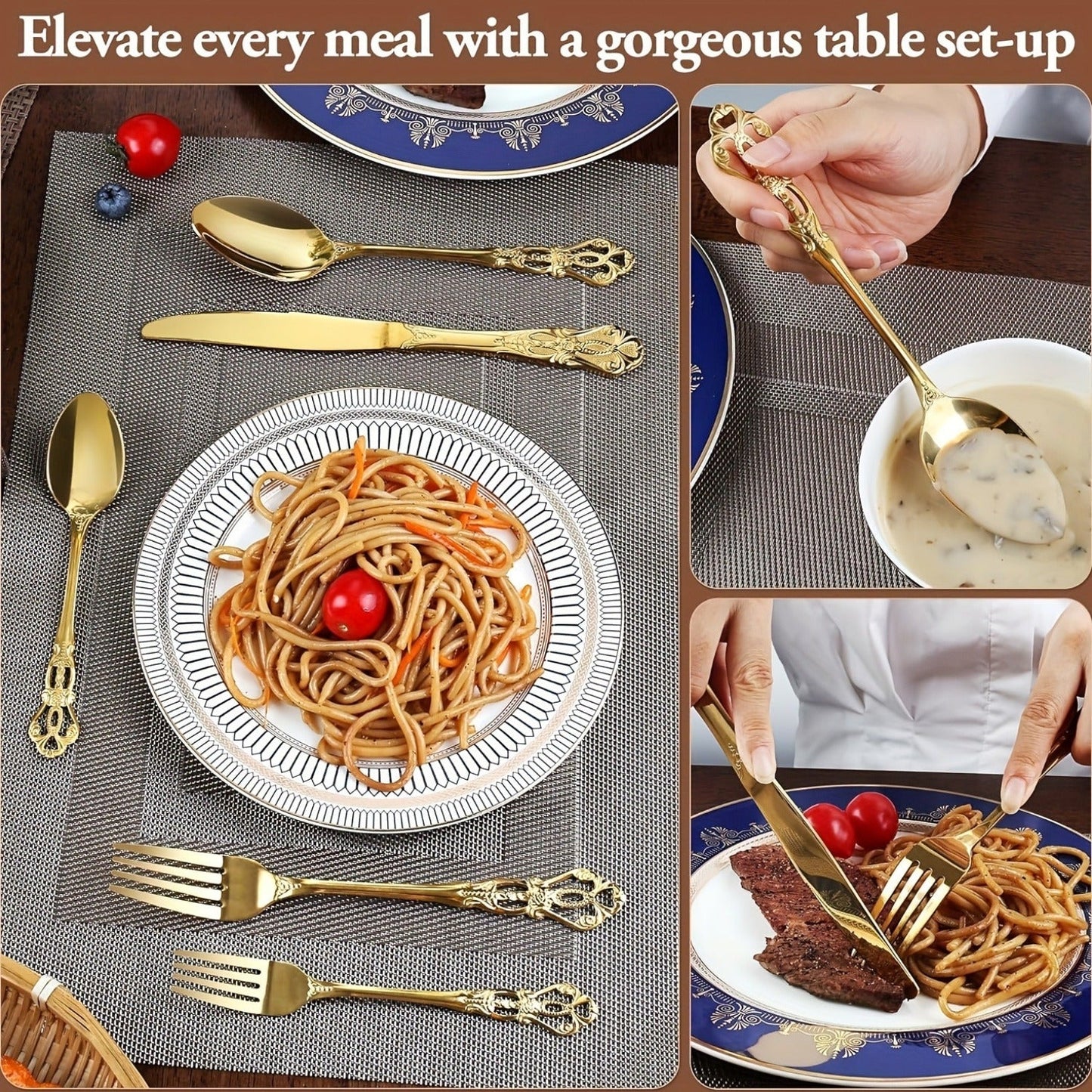 Stainless Steel Flatware Set – Vintage Royal Golden & Silver Silverware Set for 6, Rust-Resistant Dishwasher Safe Cutlery with Forks