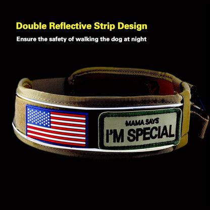 Wide Tactical Dog Collar with Padded Grab Handle, Reflective Stitching, Two Patches and M–XL Sizing