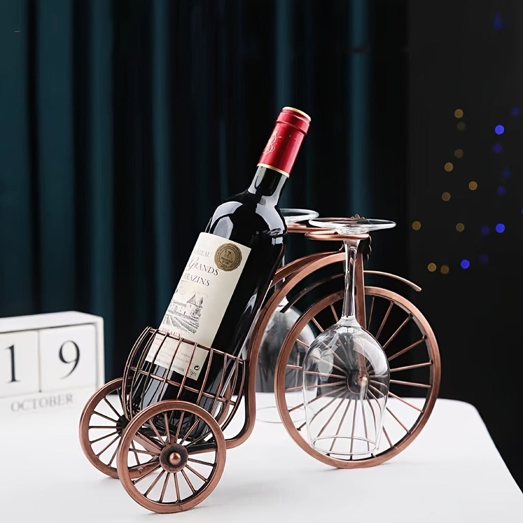 Bicycle-Shaped Tabletop Wine Rack with One Bottle Cradle and Two Stemware Holders in Copper-Tone Finish