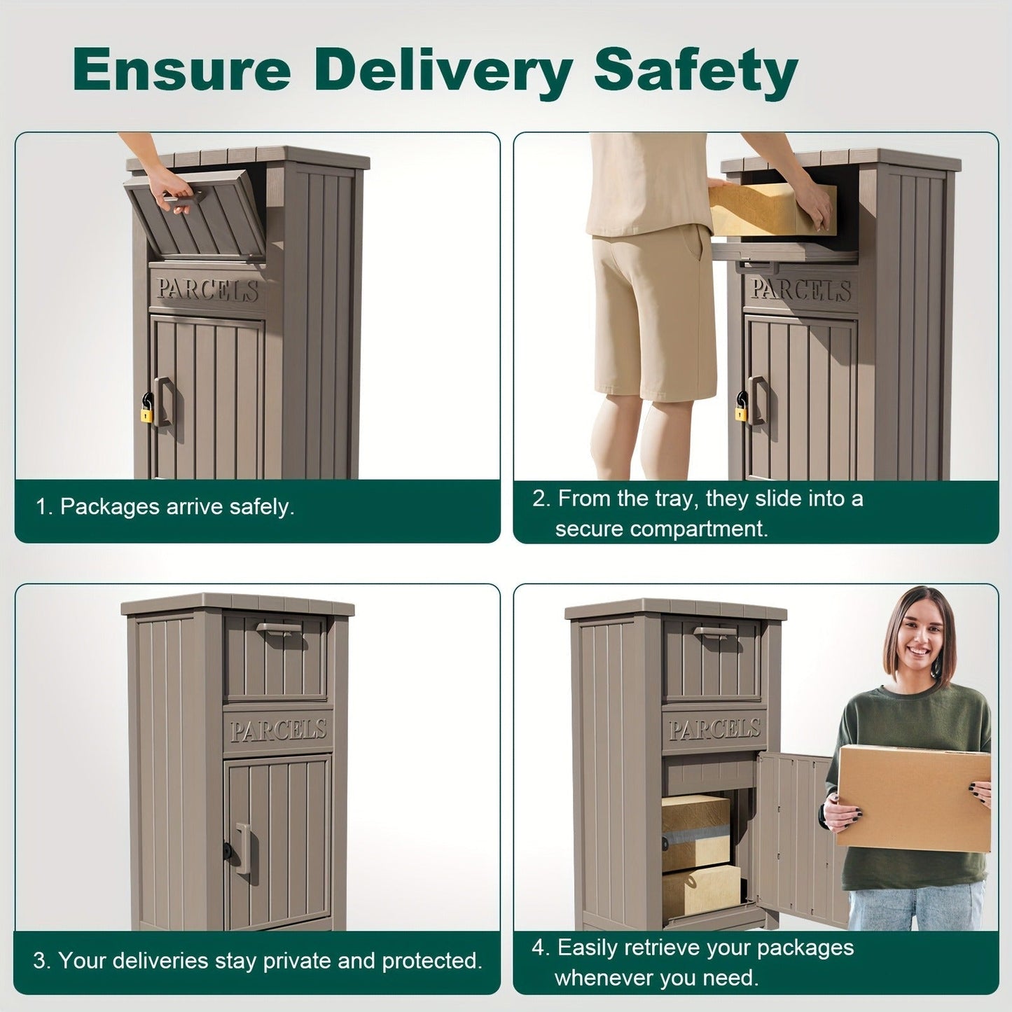 Tall Light-Brown Parcel Outdoor Storage Box with Drop Compartment, Front Door and Lock Hardware