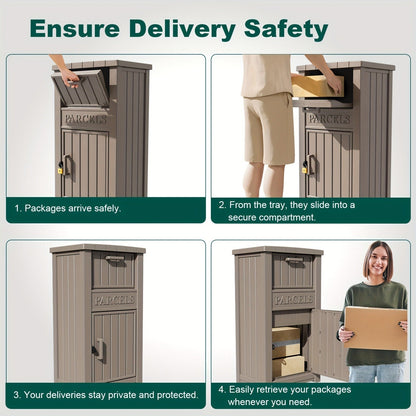 Tall Light-Brown Parcel Outdoor Storage Box with Drop Compartment, Front Door and Lock Hardware