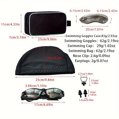 Adult Swimming Goggles Six-Piece Set with Black Silver-Look Lenses, Swim Cap, Case, Nose Clip, Earplugs and Bag
