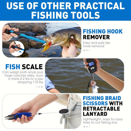 Fishing Tool Kit 10-Piece – Fishing Pliers with Lanyard & Sheath, Landing Net, Fillet Knife, Fish Scale, Gripper, Hook Remover