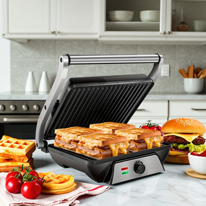 Sandwich Maker 3-in-1 Mini Indoor Grill & Panini Press, Non-Stick 180° Opening, Floating Hinge, 60-Min Timer