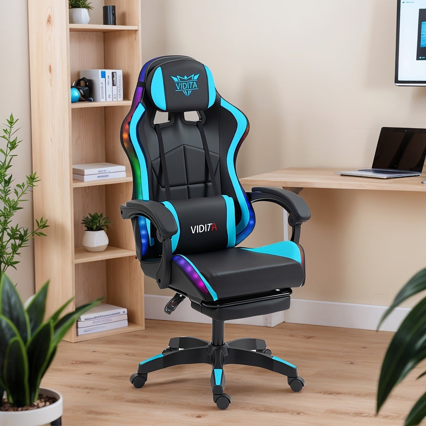 RGB Gaming Chair with LED Lights Footrest Ergonomic Gaming Chair with Massage Lumbar Support Reclining Video Game Chair for Adults Home