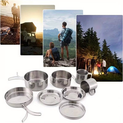 Camping Tableware Set 8 Piece Stainless Steel – Portable Outdoor Dining Set with Foldable Handle Plates, Cups & Utensils | Lightweight
