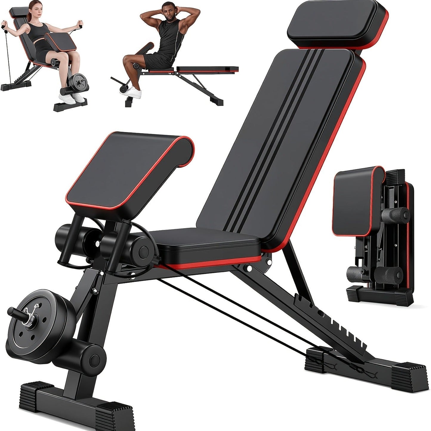 Foldable Adjustable Workout Bench with Black-and-Red Padding, Preacher Curl Pad, Leg Rollers and Resistance Bands