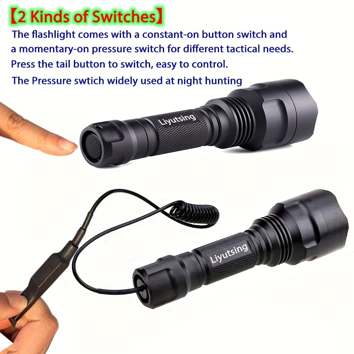 Flashlight Red, Green or White Hunting Light with Remote Switch, 18650 Battery and Mount Options