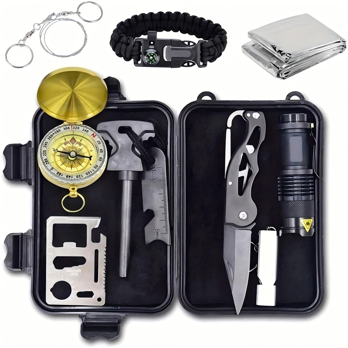 Wilderness Survival Kit, 12/20/60 Piece Outdoor Emergency Gear Set with Paracord Bracelet, Survival Whistle, Flashlight, Wire Saw & More