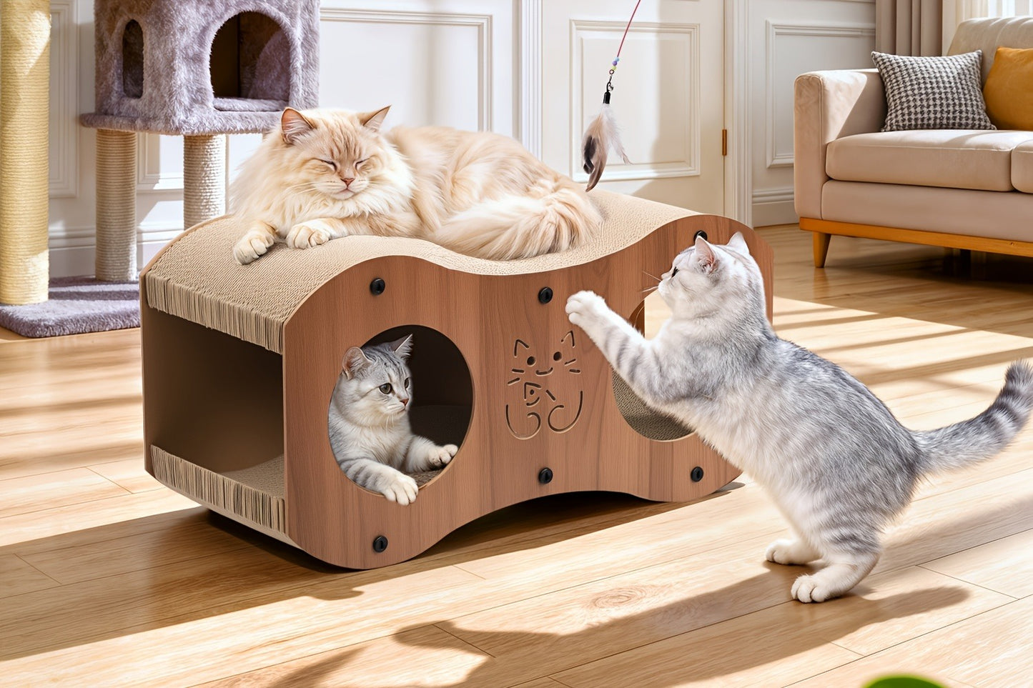 Cat Scratching Post with Integrated Cat Bed – Sturdy Walnut Wood Base, 4-Season Woven Scratch Pad, Indoor Cat Scratcher Lounge