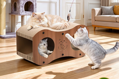 Cat Scratching Post with Integrated Cat Bed – Sturdy Walnut Wood Base, 4-Season Woven Scratch Pad, Indoor Cat Scratcher Lounge