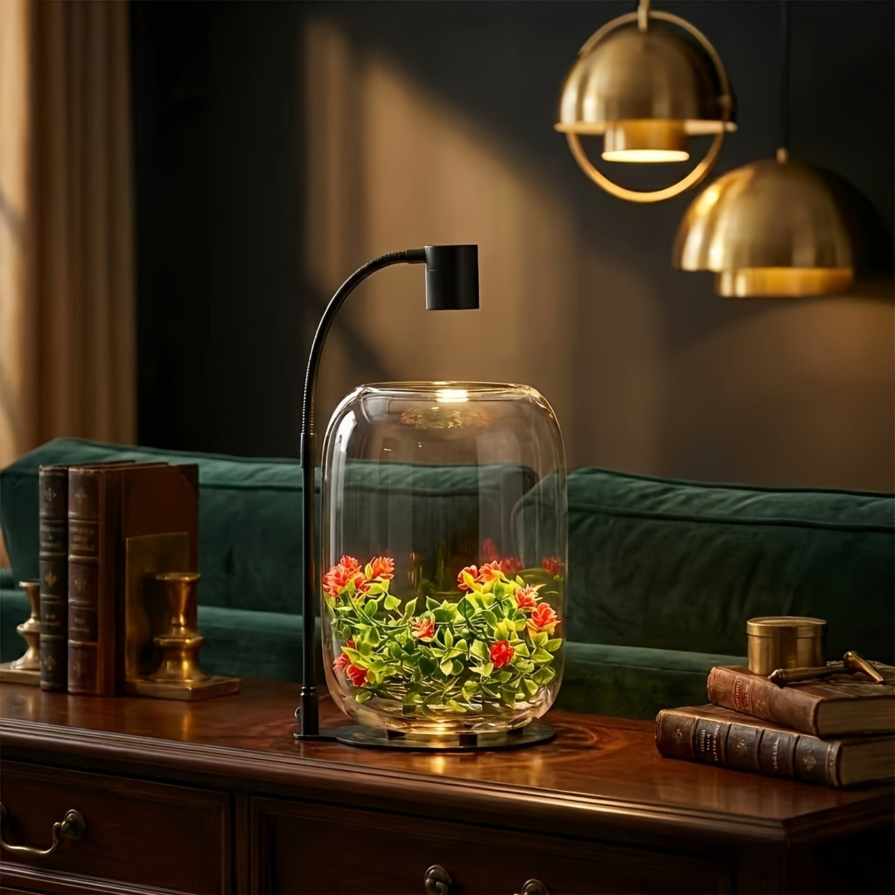 Glass Terrarium with USB Growth Light Open Top 15.9x8.7 Inch Transparent Vase for Moss Air Plants Succulents Indoor Garden Home Office Decor