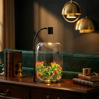 Glass Terrarium with USB Growth Light Open Top 15.9x8.7 Inch Transparent Vase for Moss Air Plants Succulents Indoor Garden Home Office Decor