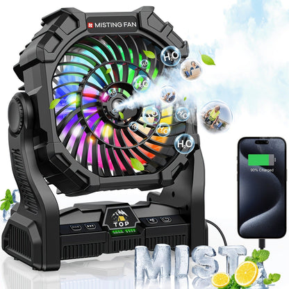 Rechargeable Camping Fan 20000mAh with Misting, Power Bank, RGB Light, 4 Speeds & Tent Hook for Outdoor Use