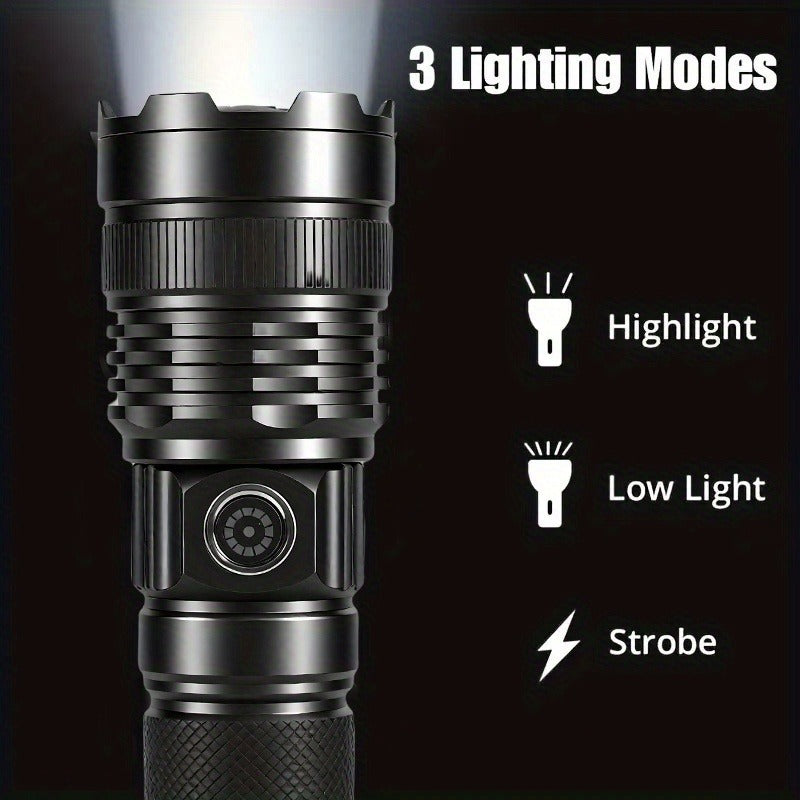 Survival Flashlight with Fire Starter – 3000 Lumen Rechargeable Aluminum Torch, Fresnel Lens Igniter, Zoomable LED