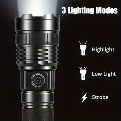 Survival Flashlight with Fire Starter – 3000 Lumen Rechargeable Aluminum Torch, Fresnel Lens Igniter, Zoomable LED