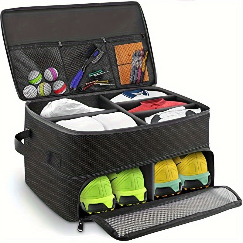 Golf Organizer Storage Box with Compartments and Mesh Pockets Durable Golf Accessory Case for Golf Balls Shoes Gloves Tees and Essentials
