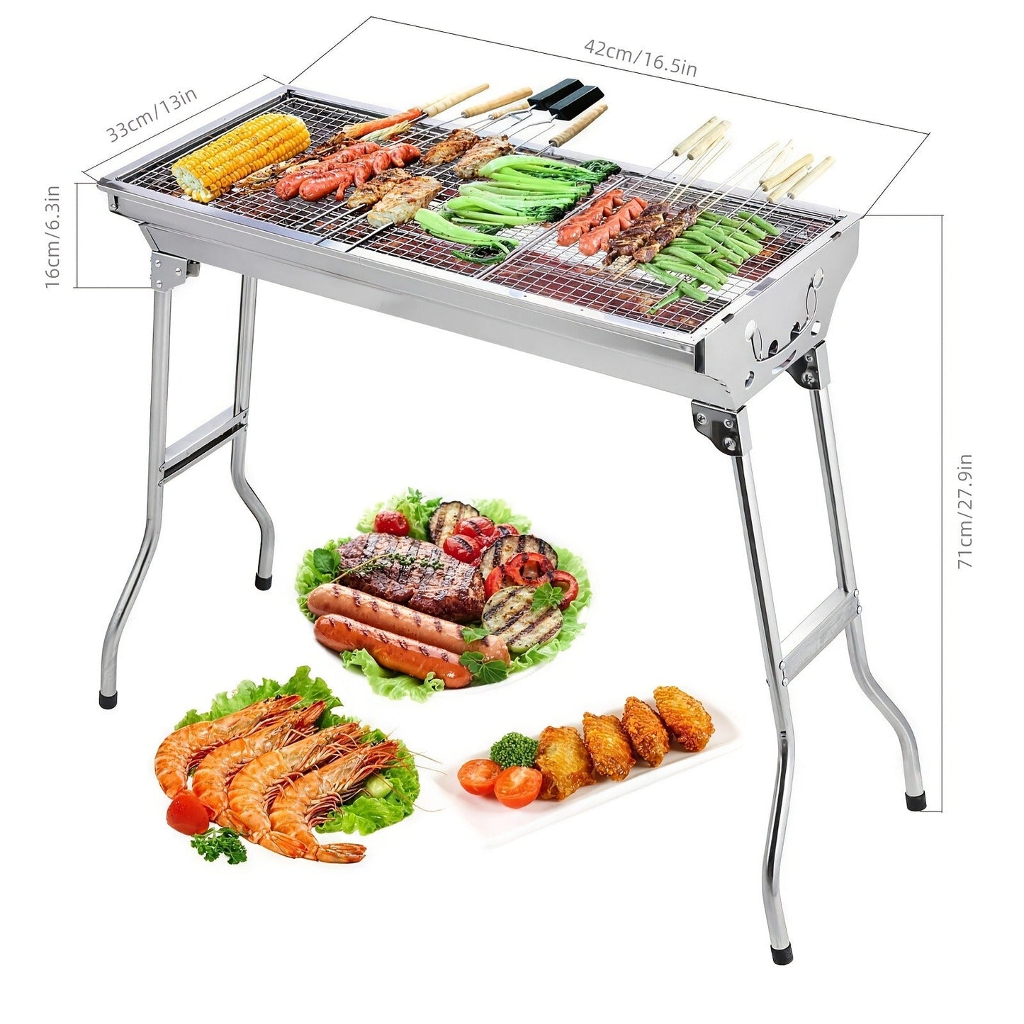 Folding Charcoal Grill with Stainless-Steel-Labeled Frame, Lower Shelf and Large or Extra-Large Package Options
