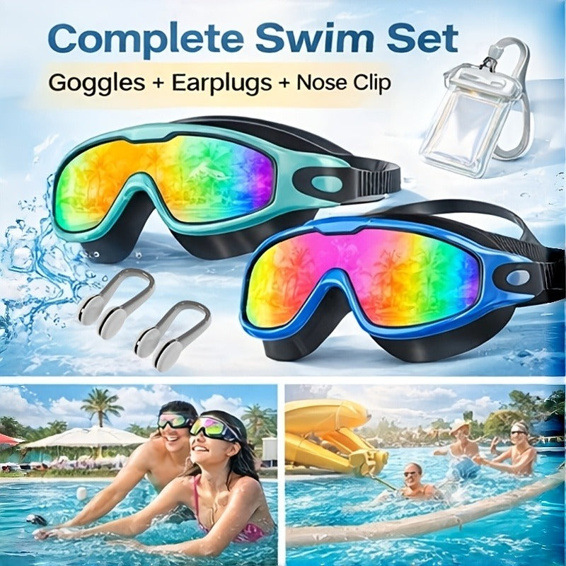 Two-Pack Wide-Lens Swim Goggles with Mirrored Blue-Green Lenses, Adjustable Straps, Case and Accessories