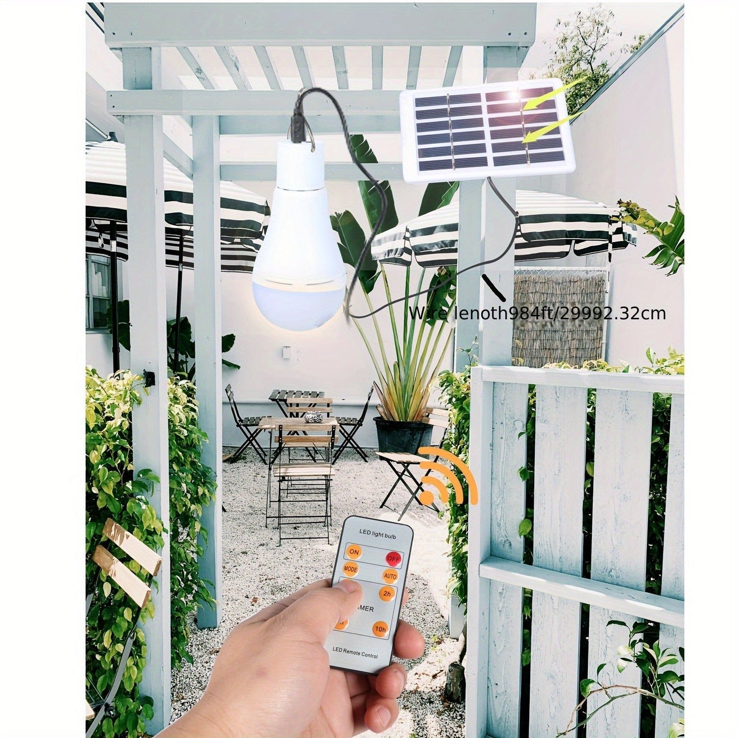 Solar Light Bulbs 2 Pack Campsite Outdoor – Remote Control Timer, 4 Modes 300LM, Light Sensor Auto On/Off, Solar & USB Rechargeable – Shed